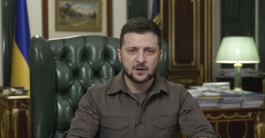 In this image from video provided by the Ukrainian Presidential Press Office, Ukrainian President Volodymyr Zelenskyy speaks from Kyiv, Ukraine, Tuesday, April 5, 2022. (Ukrainian Presidential Press Office via AP)