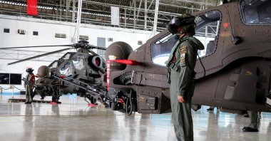 T129 Tactical Reconnaissance and Attack Helicopters (ATAK) are seen during a delivery ceremony at Col. Jesus Villamor Air Base in Manila, Philipines, April 6, 2022. (AA Photo)