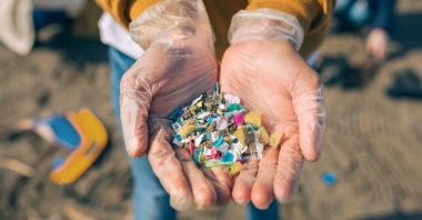 An environmentalist shows a handful of plastics, Istanbul, Turkey, April 6, 2022. (DHA Photo)