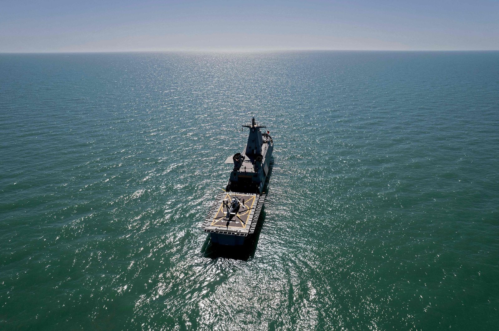 Aerial view of the Mexican naval patrol ship Sonora off the coasts of San Felipe, in the Gulf of California, Baja California state, northwestern Mexico, March 31, 2022. (AFP Photo)