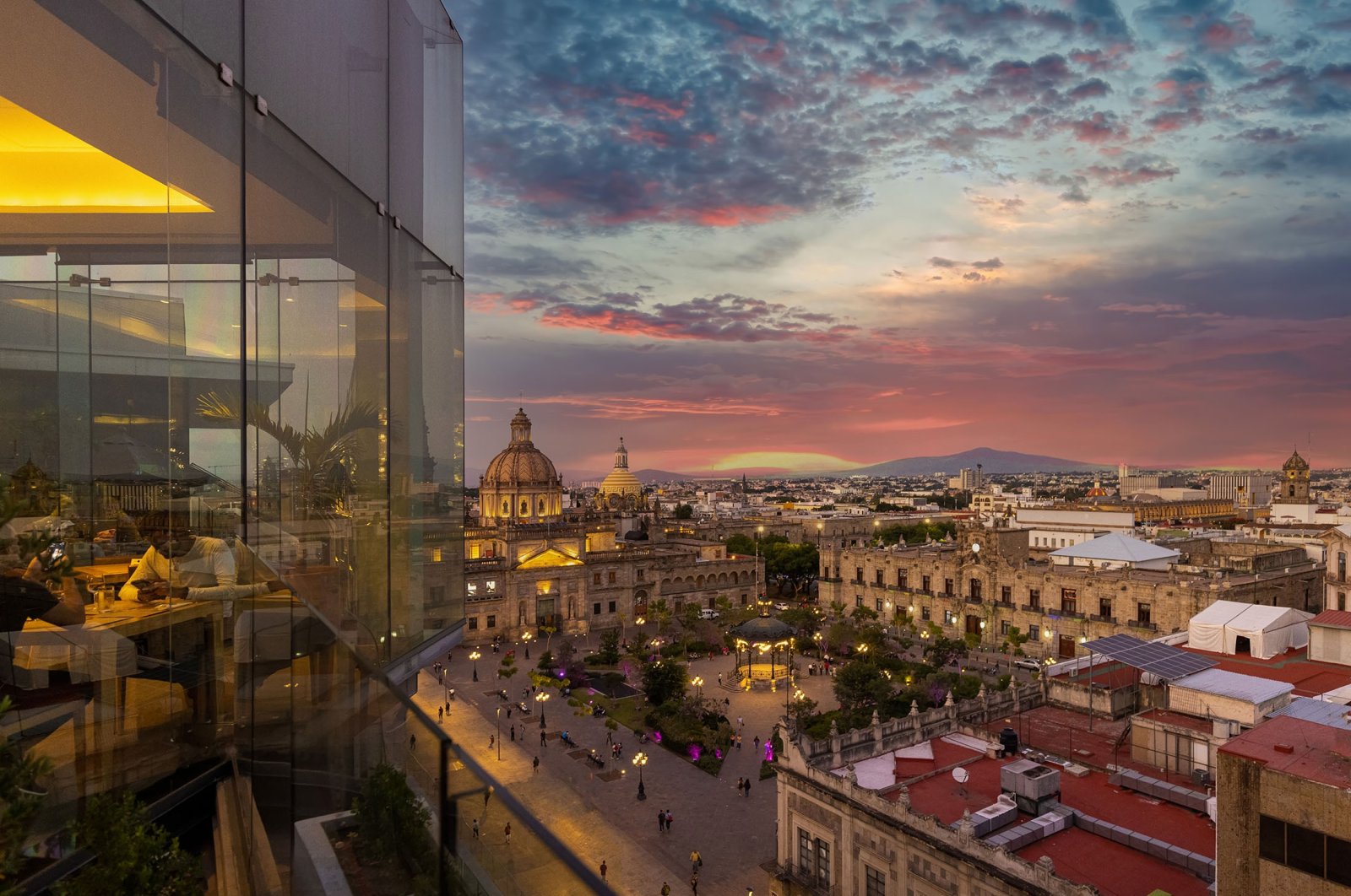 A restaurant overlooks panoramic view of the main Guadalajara square and Guadalajara Cathedral and city skyline, in Guadalajara, Jalisco, Mexico, Oct., 2021 (Shutterstock Photo)