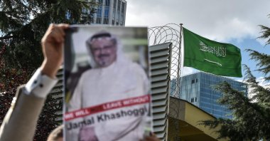 A protestor holds a picture of journalist Jamal Khashoggi during a demonstration in front of the Saudi Consulate in Istanbul, Turkey, Oct. 5, 2018. (AFP File Photo)