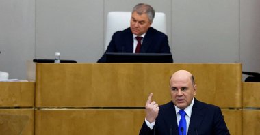 Russia's Prime Minister Mikhail Mishustin delivers a speech during a session of the State Duma, the lower house of parliament, in Moscow, Russia, April 7, 2022. (Reuters Photo)