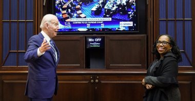 U.S. President Joe Biden and Judge Ketanji Brown Jackson watch as the Senate votes to confirm her to the U.S. Supreme Court, from the Roosevelt Room at the White House in Washington, U.S., April 7, 2022. (Reuters Photo)