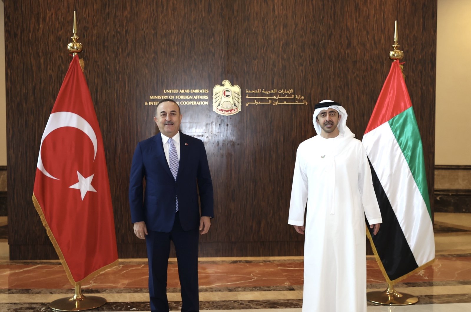 Foreign Minister Mevlüt Çavuşoğlu and his United Arab Emirates (UAE) counterpart Abdullah bin Zayed Al Nahyan meet in Abu Dhabi, UAE, March 21, 2022. (AA)