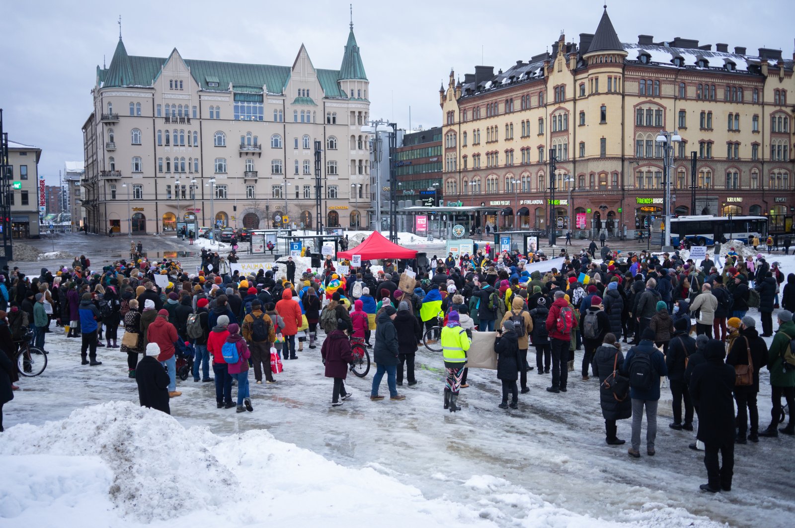 People protest against the Russian invasion in Ukraine, in the center of Tampere, Finland, Feb. 24, 2022. (Reuters Photo)