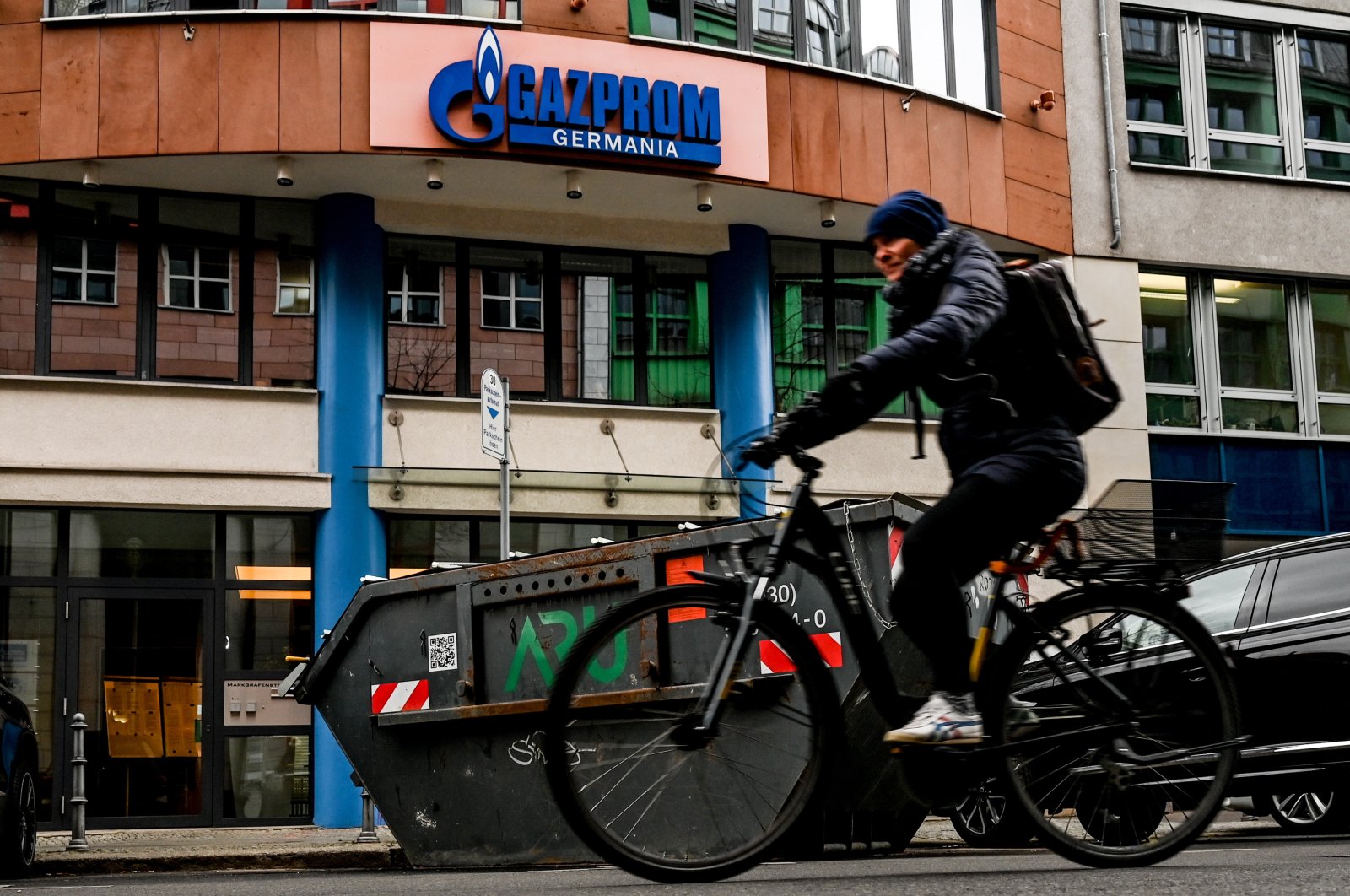 A cyclist passes in front of Gazprom&#039;s headquarters in Berlin, Germany, April 5, 2022. (EPA Photo)