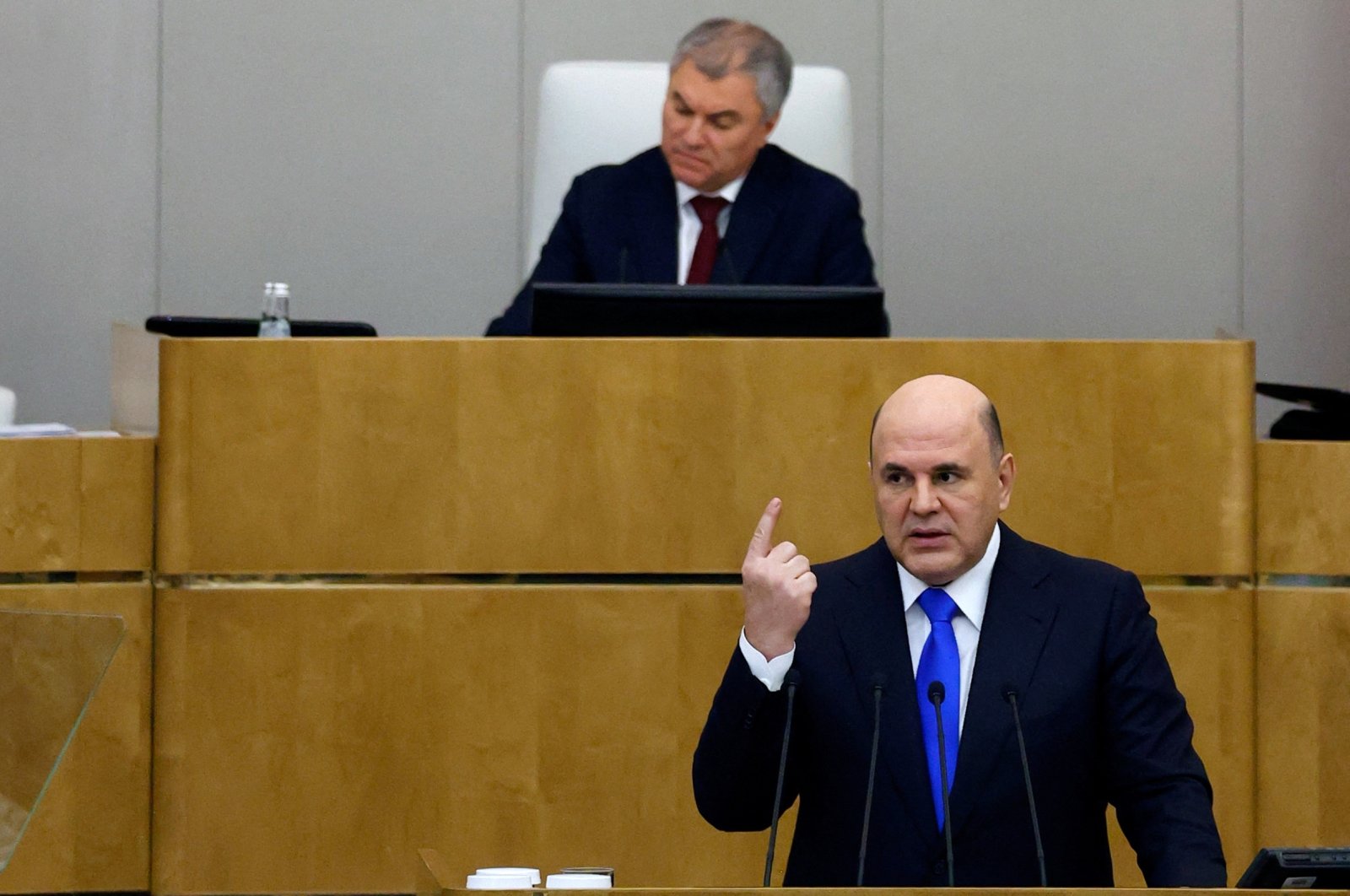 Russia&#039;s Prime Minister Mikhail Mishustin delivers a speech during a session of the State Duma, the lower house of parliament, in Moscow, Russia, April 7, 2022. (Reuters Photo)