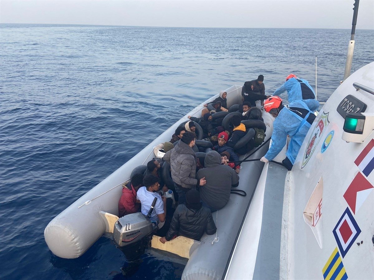 Turkish coast guard units rescue irregular migrants off the coast of Aydın province, Turkey, April 8, 2022. (IHA Photo)
