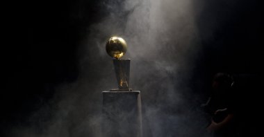 The NBA Championship trophy is on display at the public celebration for the Miami Heat after the team won the championship, in Miami, U.S., June 25, 2012. (AP Photo)