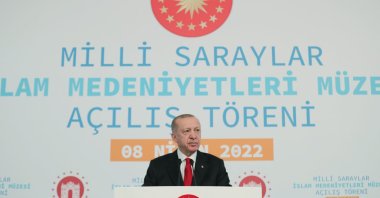 Turkish President Recep Tayyip Erdoğan speaks at inauguration ceremony of the Islamic Civilizations Museum on the grounds of the Grand Çamlıca Mosque, Istanbul, Turkey, April 8, 2022. (AA Photo)