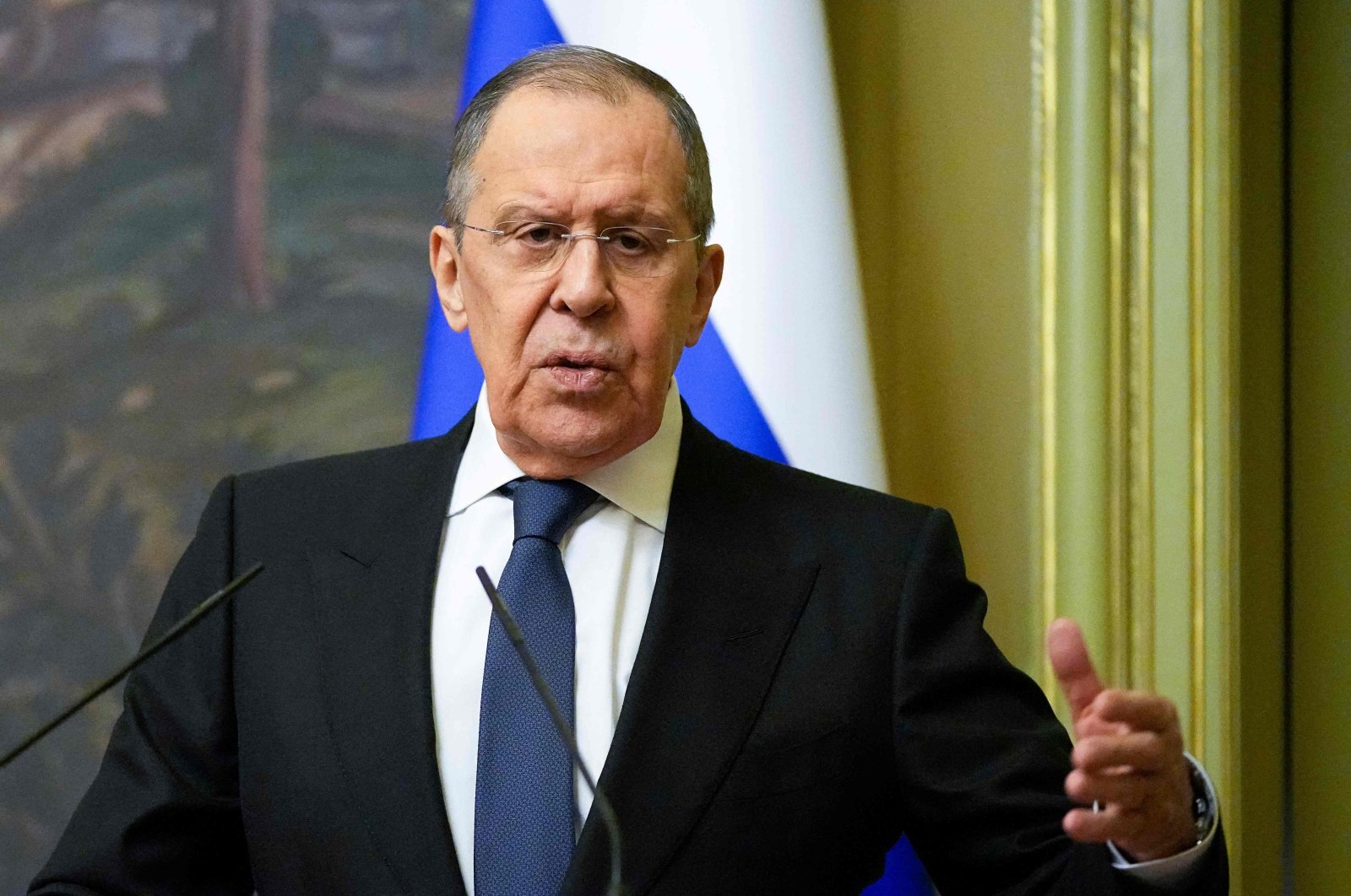 Russian Foreign Minister Sergei Lavrov gestures during a joint news conference following talks with his Armenian counterpart in Moscow, Russia, April 8, 2022. (AFP Photo)