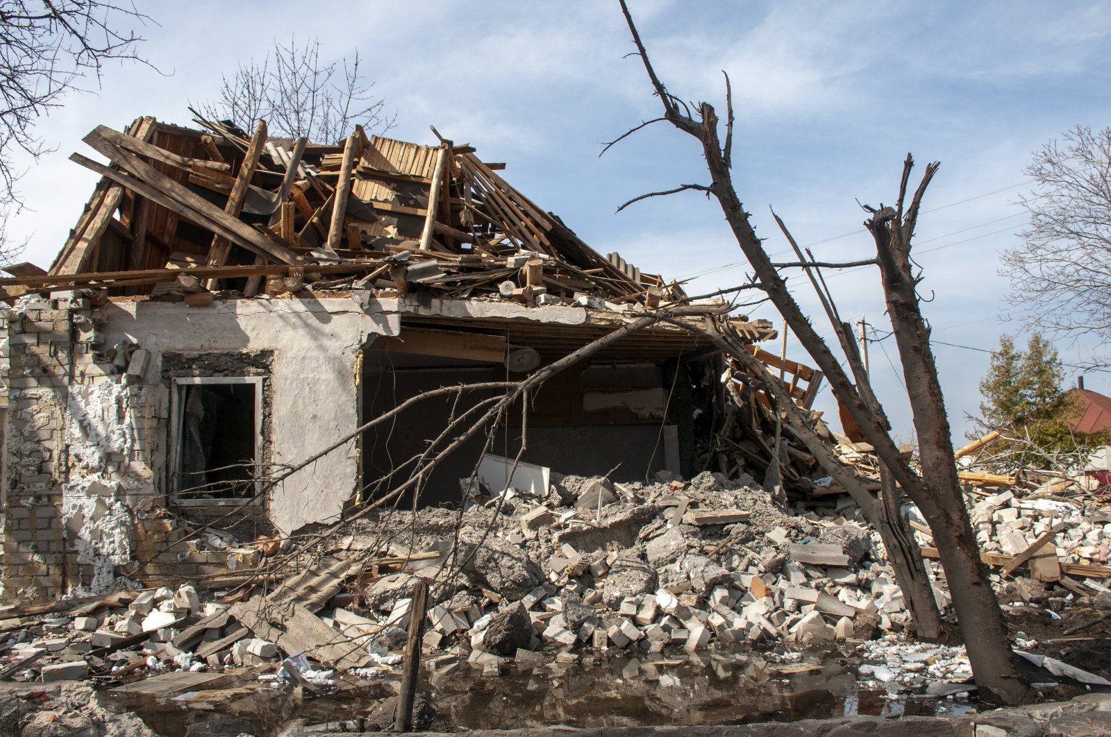 A handout photo made available by the Ukrainian Presidential Press Service shows a destroyed private building after shelling in Chuguev city in the Kharkiv area, Ukraine, April 8, 2022. (EPA Photo)