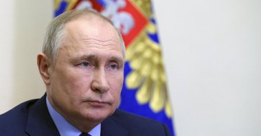 Russian President Vladimir Putin chairs a Security Council meeting via videoconference at the Novo-Ogaryovo residence outside Moscow, Russia, April 7, 2022. (AP Photo)