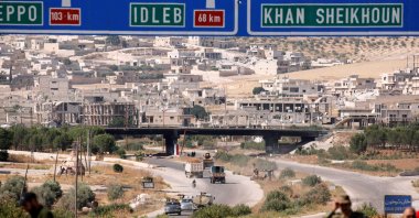 Road direction signs are pictured at the entrance enroute to the town of Khan Sheikhoun, Syria, Aug. 24, 2019. (REUTERS Photo)
