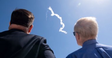 NASA Deputy Chief of Staff Bale Dalton (L) and NASA Administrator Bill Nelson watch the launch of a SpaceX Falcon 9 rocket, from the press site at NASA’s Kennedy Space Center in Florida, U.S., April 8, 2022. (NASA via AFP)