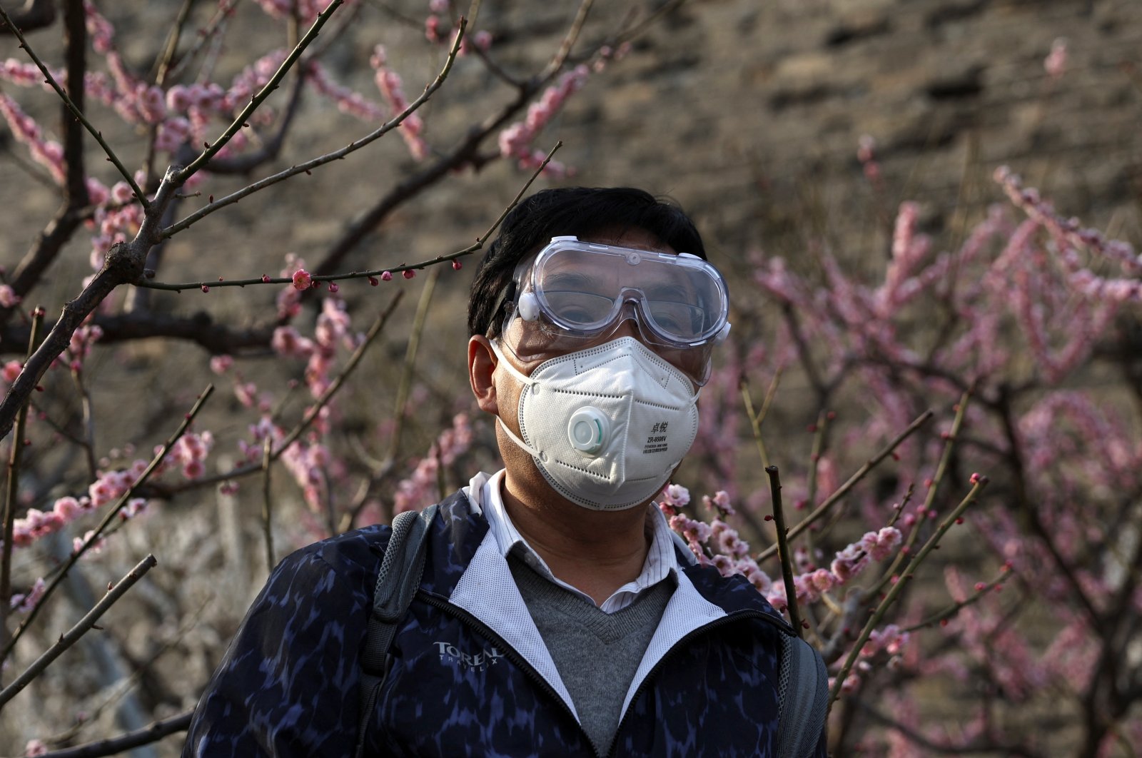 A man wearing protective glasses and a face mask looks on under blooming plum blossoms in Beijing, China, March 28, 2022. (Reuters Photo)