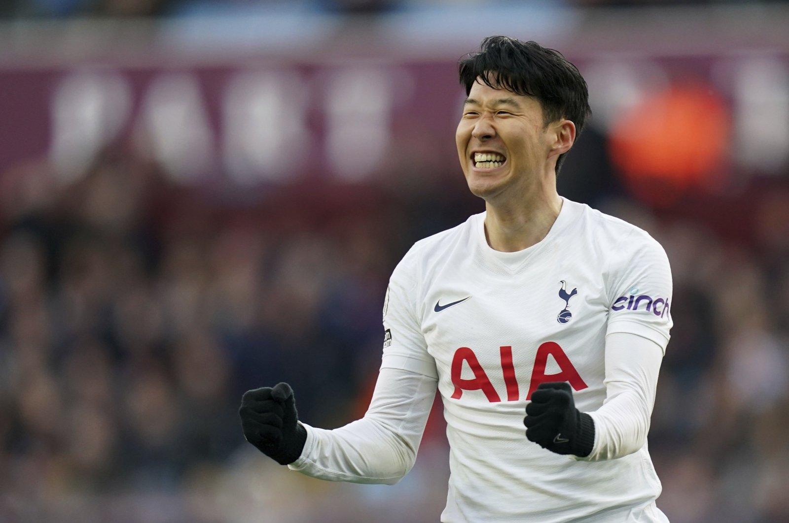 Tottenham&#039;s Son Heung-min celebrates scoring in a Premier League match against Aston Villa, Birmingham, England, April 9, 2022. (AP Photo)