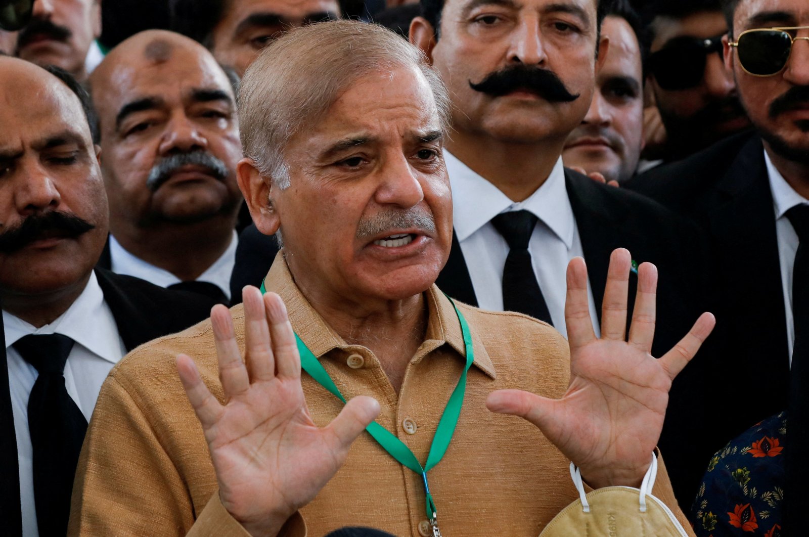 Leader of the opposition Shahbaz Sharif, brother of ex-Prime Minister Nawaz Sharif, gestures as he speaks to the media at the Supreme Court of Pakistan in Islamabad, Pakistan, April 7, 2022. (Reuters Photo)