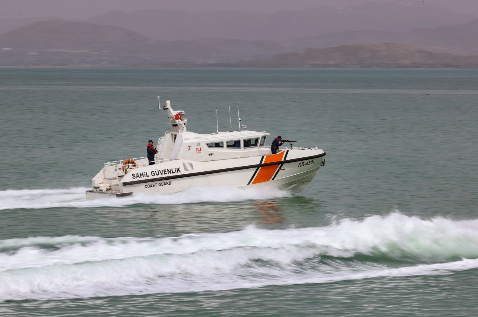A Coast Guard Command boat travels across Lake Van, in Van, eastern Turkey, April 10, 2022. (AA Photo)