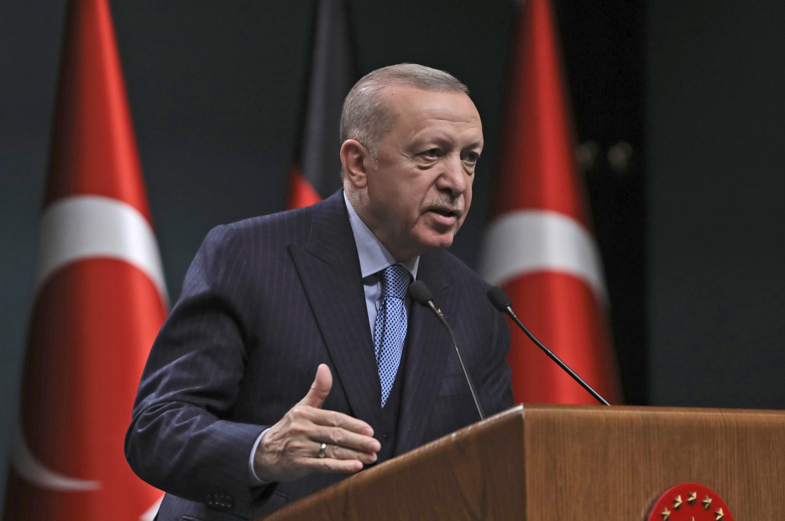 President Recep Tayyip Erdoğan speaks during a joint press conference with Germany&#039;s Chancellor Olaf Scholz following their talks, in Ankara, Turkey, March 14, 2022. (AP Photo)