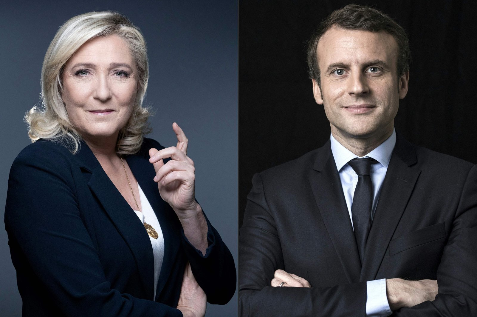 This combination shows French far-right party Rassemblement National&#039;s presidential candidate Marine Le Pen (L) and French President Emmanuel Macron, Paris, France, April 10, 2022. (AFP Photo)