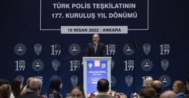Interior Minister Süleyman Soylu speaks at the iftar dinner held on the occasion of the 177th anniversary of the establishment of the Turkish Police Service in the capital Ankara, Turkey, Apr. 10, 2022. (AA)