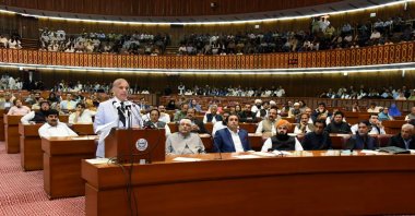 Newly elected Pakistani Prime Minister Shahbaz Sharif addresses the National Assembly session, Islamabad, Pakistan, April 11, 2022. (AP Photo)