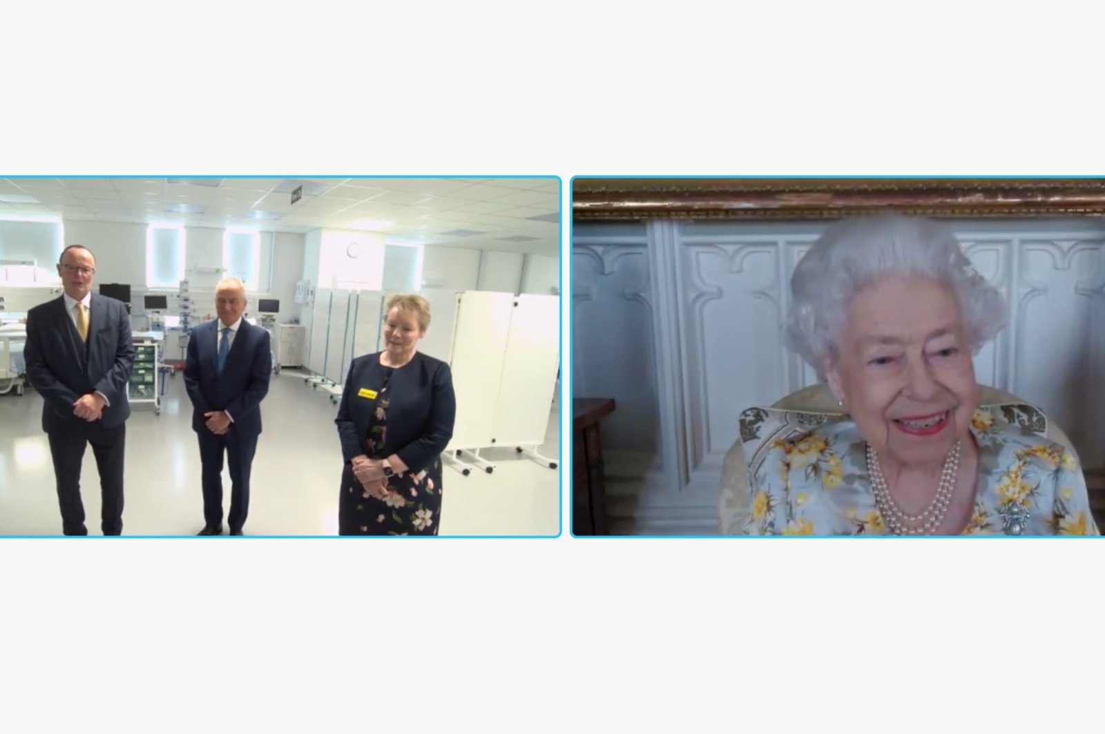 Britain&#039;s Queen Elizabeth II speaks to Jeff Barley, project director of the construction of the unit; Paul Chandler, managing director, Wates Group and Jackie Sullivan, chief executive, The Royal London Hospital, during a video link call and virtual visit to the Royal London Hospital, London, U.K., April 6, 2022, (AP Photo)