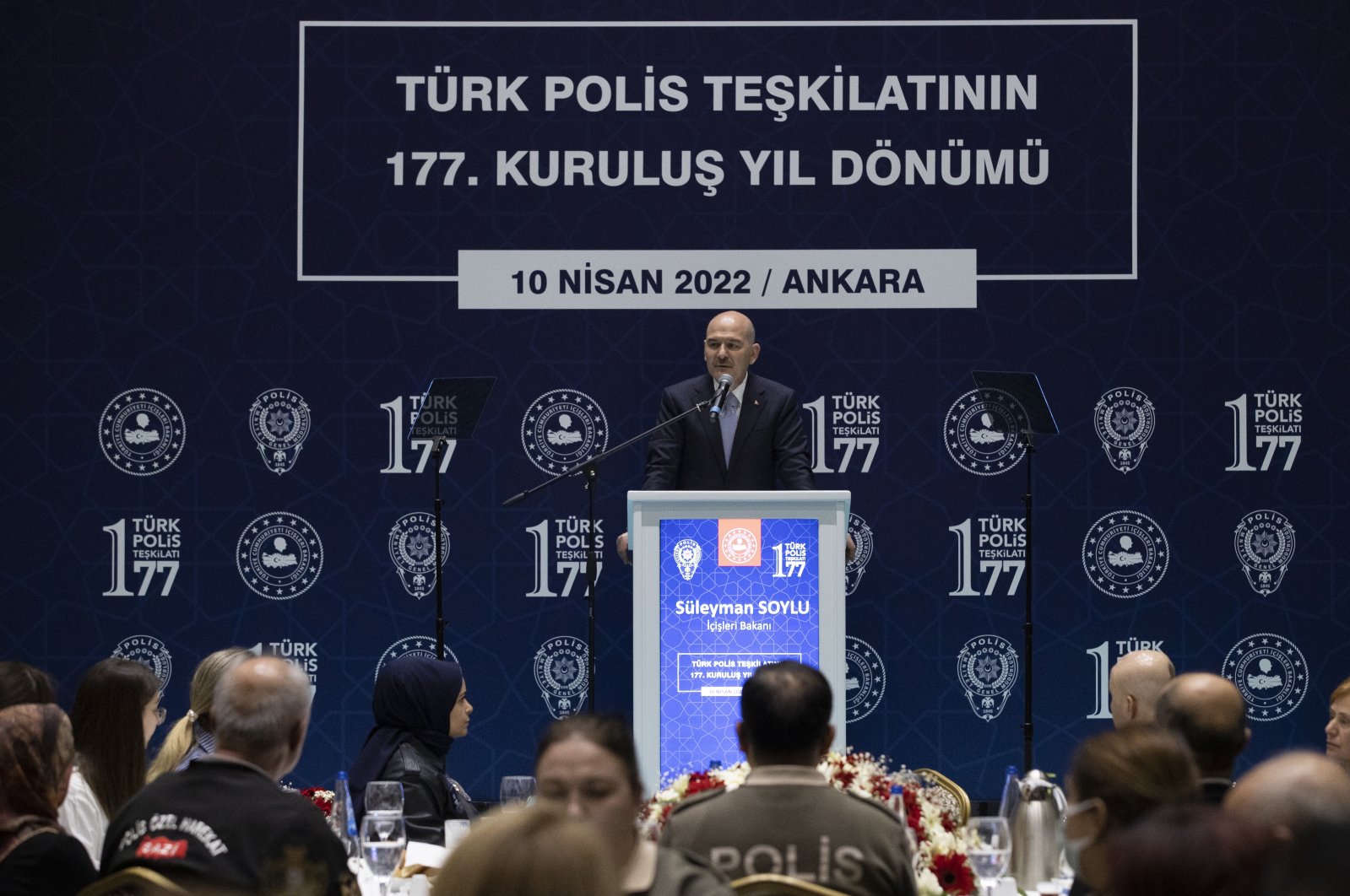 Interior Minister Süleyman Soylu speaks at the iftar dinner held on the occasion of the 177th anniversary of the establishment of the Turkish Police Service in the capital Ankara, Turkey, Apr. 10, 2022. (AA)