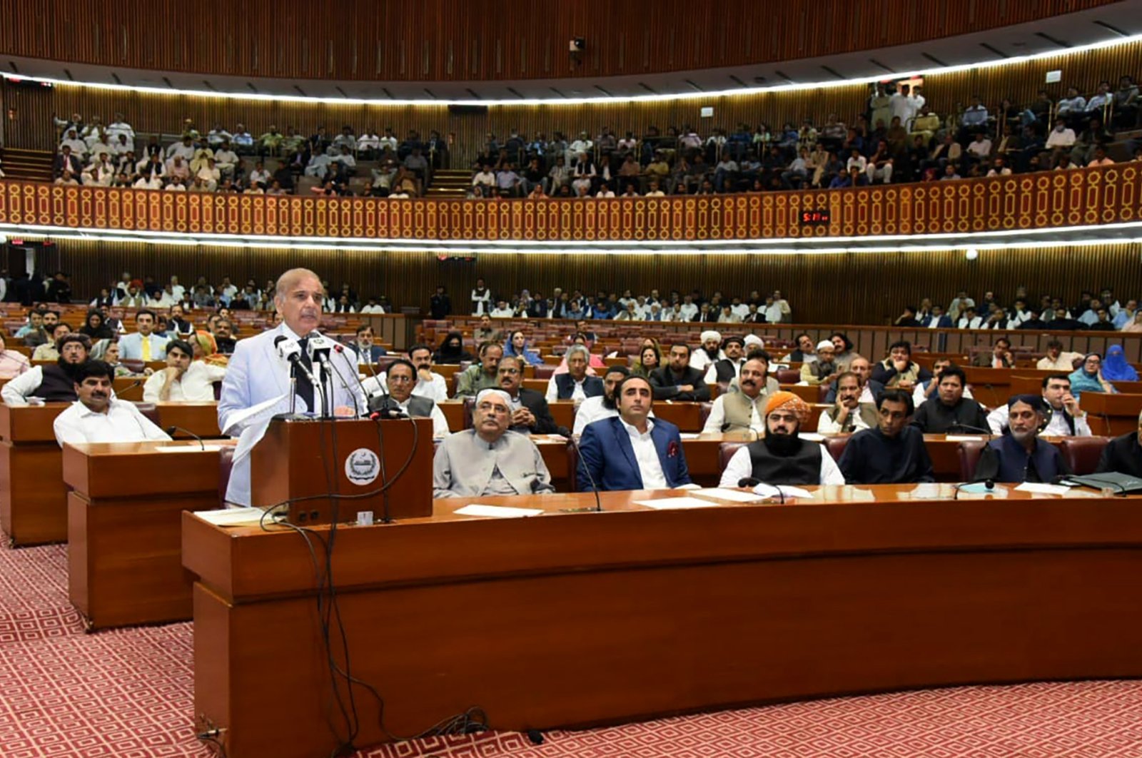 Newly elected Pakistani Prime Minister Shahbaz Sharif addresses the National Assembly session, Islamabad, Pakistan, April 11, 2022. (AP Photo)