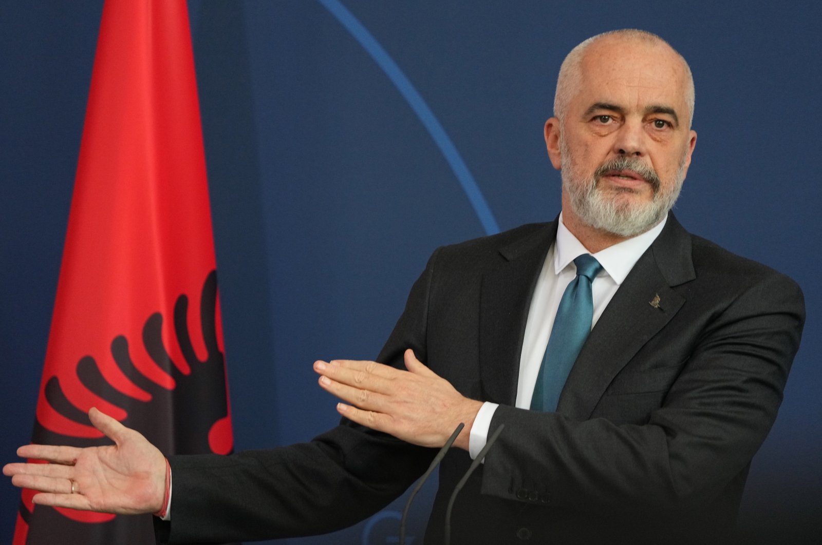 Albanian PrimeMinister Edi Rama speaks during a joint press conference with German Chancellor Olaf Scholz, after their meeting in the Federal Chancellery in Berlin, Germany, April 11, 2022.  (EPA Photo)