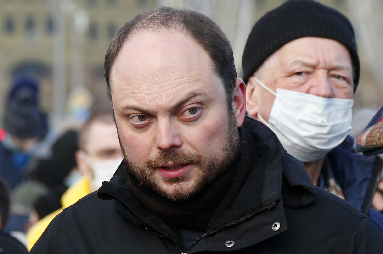 Russian opposition activist Vladimir Kara-Murza arrives to lay flowers near the place where Russian opposition leader Boris Nemtsov was gunned down, in Moscow, Russia, Saturday, Feb. 27, 2021. (AP Photo)