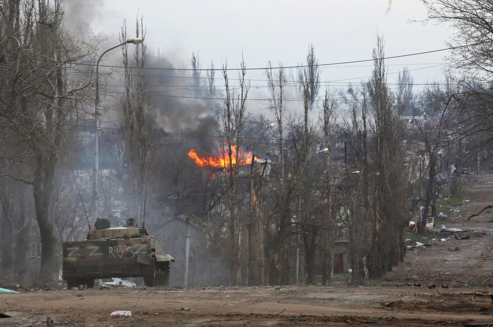 An armored vehicle of pro-Russian troops is seen in the street during the Ukraine-Russia war in the southern port city of Mariupol, Ukraine, April 11, 2022. (Reuters Photo)