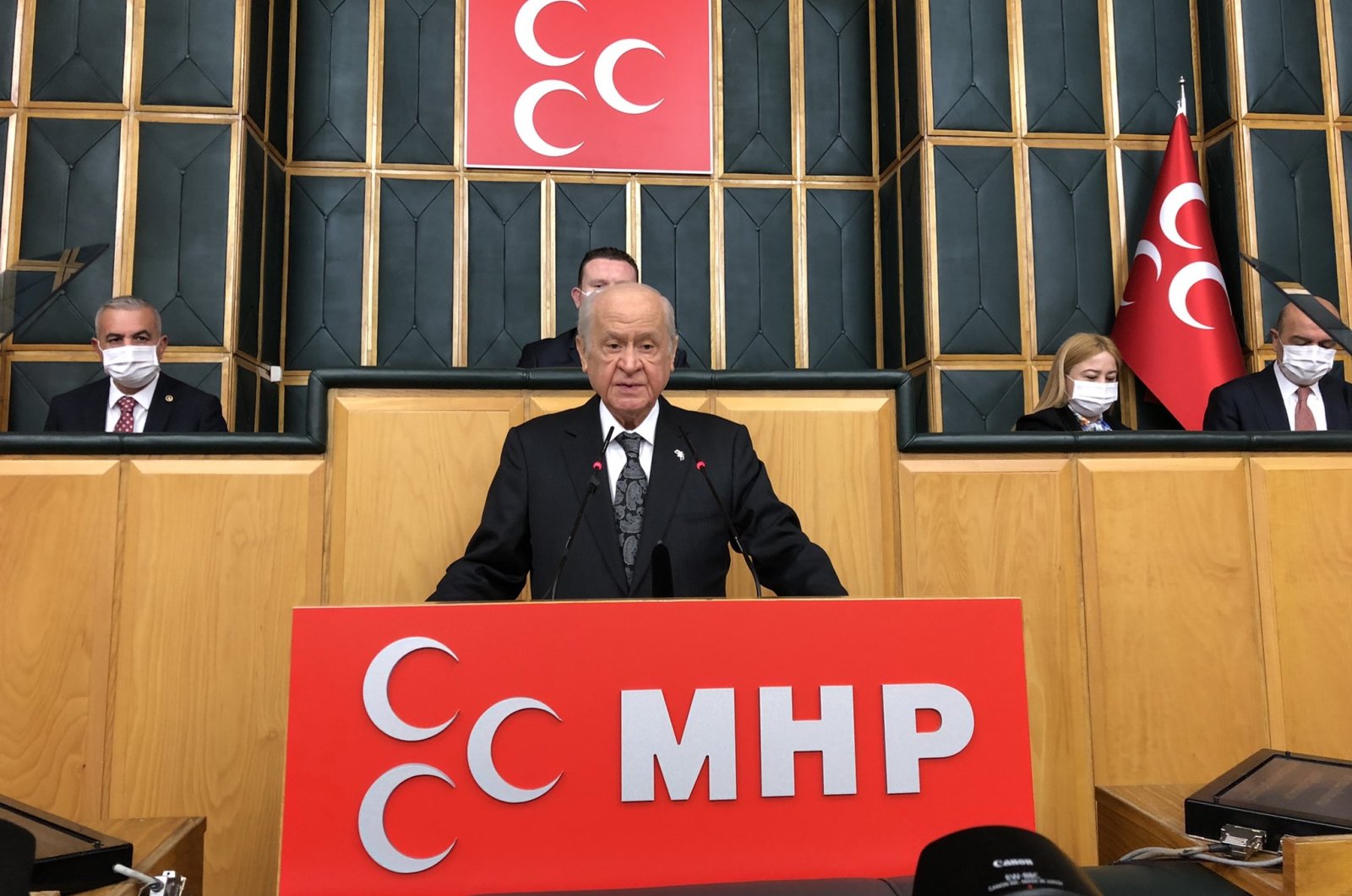 MHP Chairperson Devlet Bahceli speaks at his party&#039;s parliamentary group meeting in Ankara, Turkey, Tuesday, April 12, 2022. (DHA Photo)