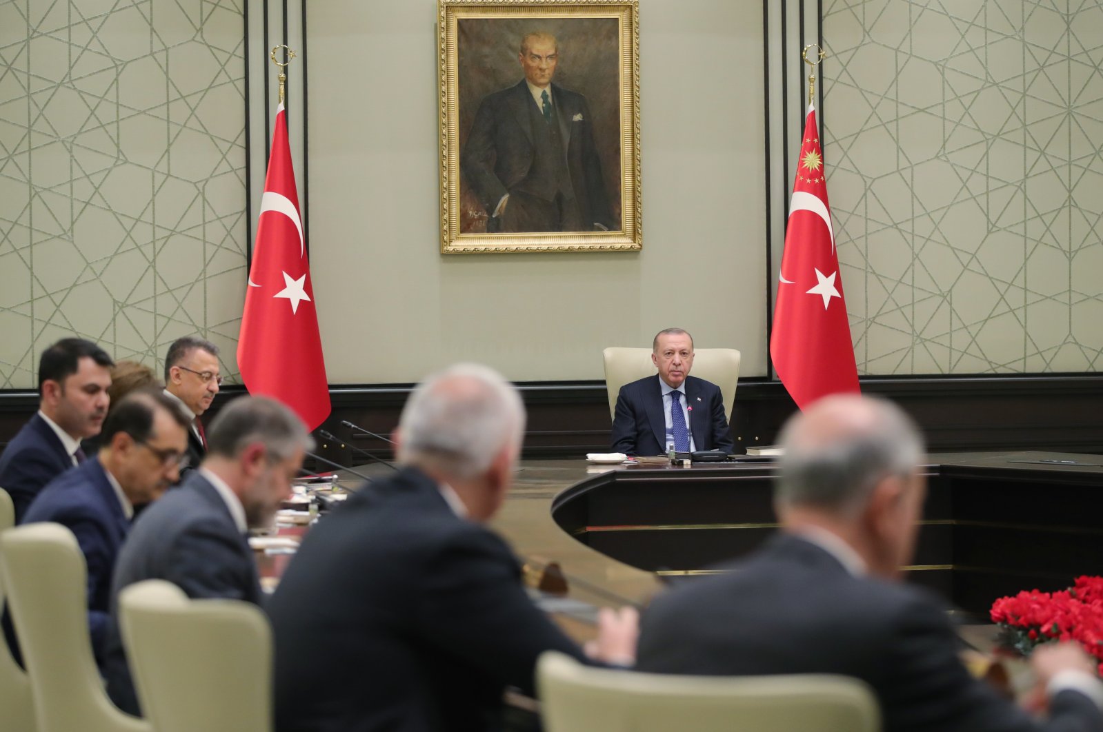President Recep Tayyip Erdoğan and the ministers are seen during the Cabinet meeting at Ankara&#039;s Presidential Complex on Apr. 12, 2022 (AA Photo)