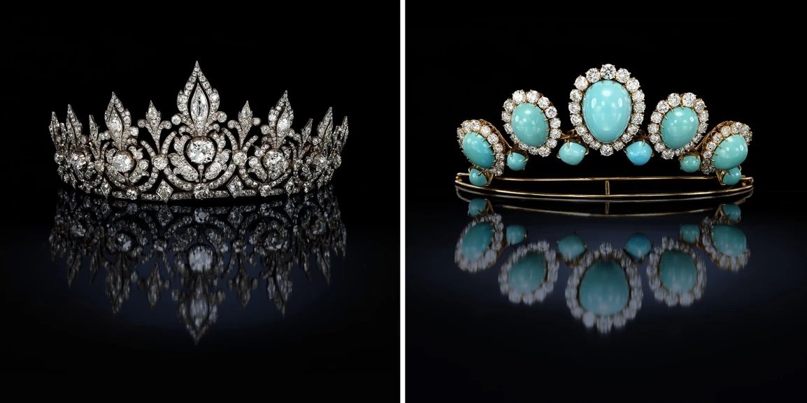 Tiara Rosebery (kiri), pinjaman dari keluarga bangsawan Inggris, dan tiara pirus dan berlian pinjaman dari Van Cleef & Arpels.  (Sumber dari Sotheby's)