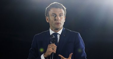 France's President and French liberal party La Republique en Marche candidate to his succession Emmanuel Macron delivers a speech during a one-day campaign, Strasbourg, eastern France, April 12, 2022. (AFP Photo)