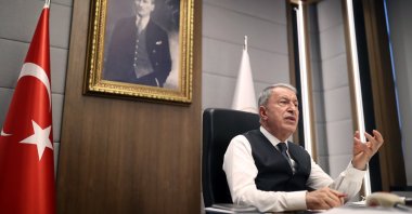 Defense Minister Hulusi Akar addresses the issue of stray naval mines, at the ministry in Ankara, Turkey, April 12, 2022. (IHA Photo)