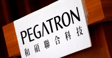 The logo of Pegatron, which assembles electronics from Apple Inc.’s iPhones, is seen during an annual general meeting in Taipei, Taiwan, June 20, 2017. (Reuters Photo)
