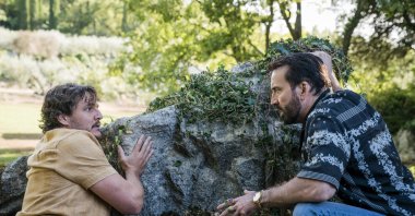 This image released by Lionsgate shows Pedro Pascal (L) and Nicolas Cage in a scene from "The Unbearable Weight of Massive Talent." (AP)