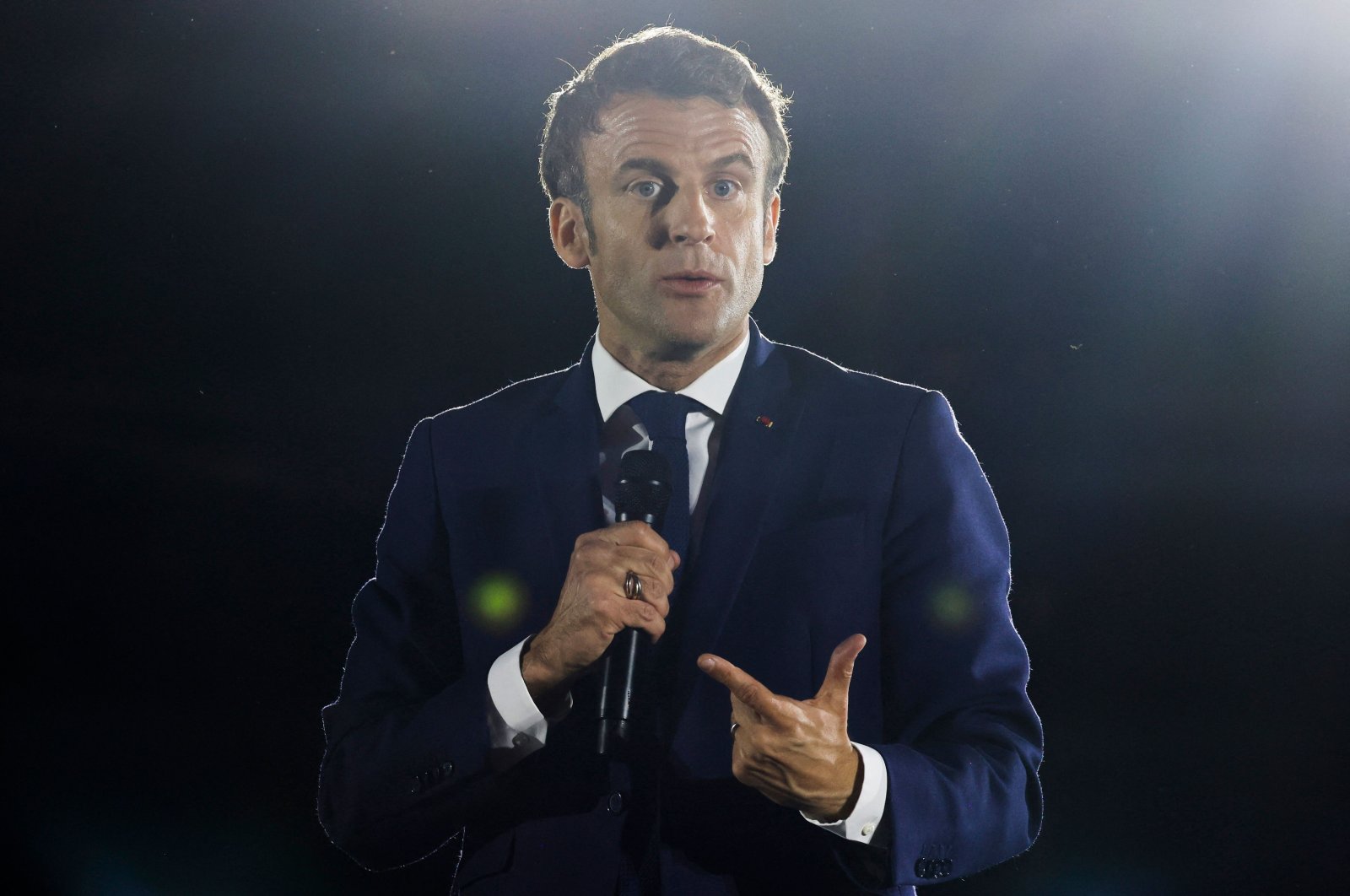 France&#039;s President and French liberal party La Republique en Marche candidate to his succession Emmanuel Macron delivers a speech during a one-day campaign, Strasbourg, eastern France, April 12, 2022. (AFP Photo)