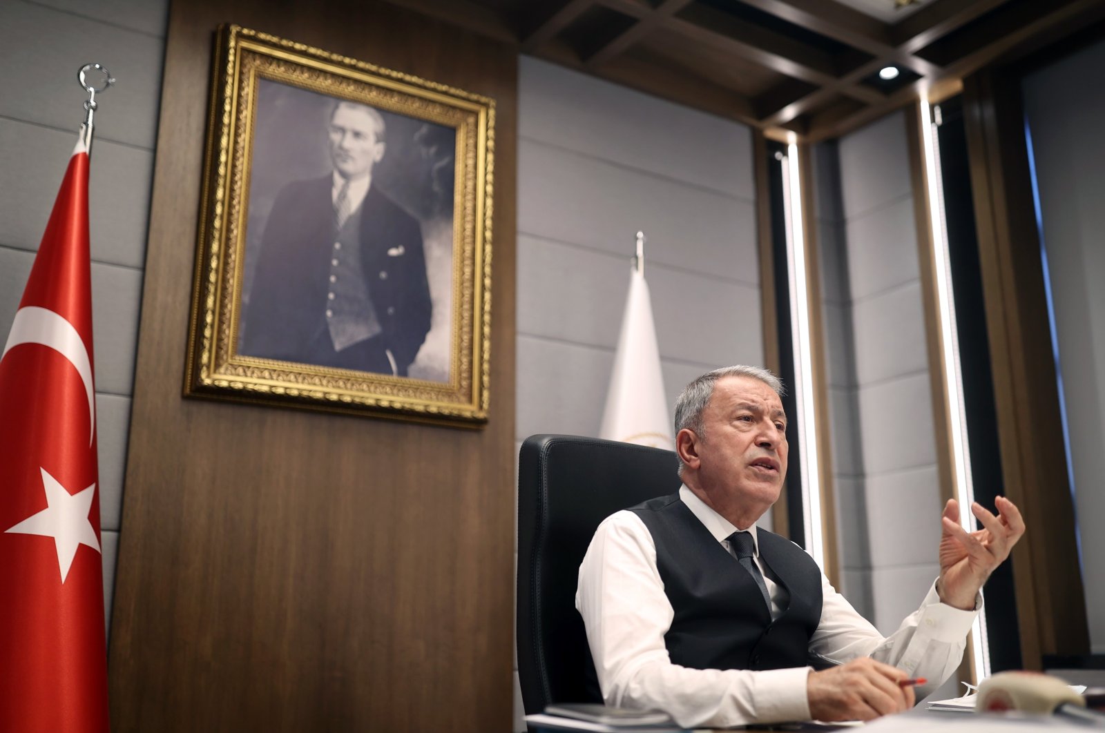 Defense Minister Hulusi Akar addresses the issue of stray naval mines, at the ministry in Ankara, Turkey, April 12, 2022. (IHA Photo)