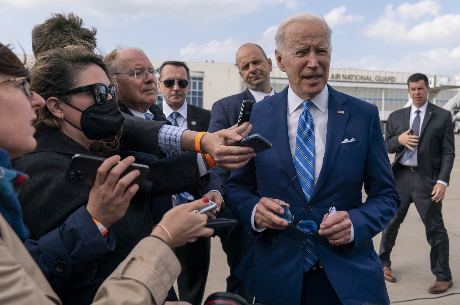 U.S. President Joe Biden speaks to the media before boarding Air Force One at Des Moines International Airport in Des Moines Iowa, en route to Washington, U.S., April 12, 2022. (AP Photo)