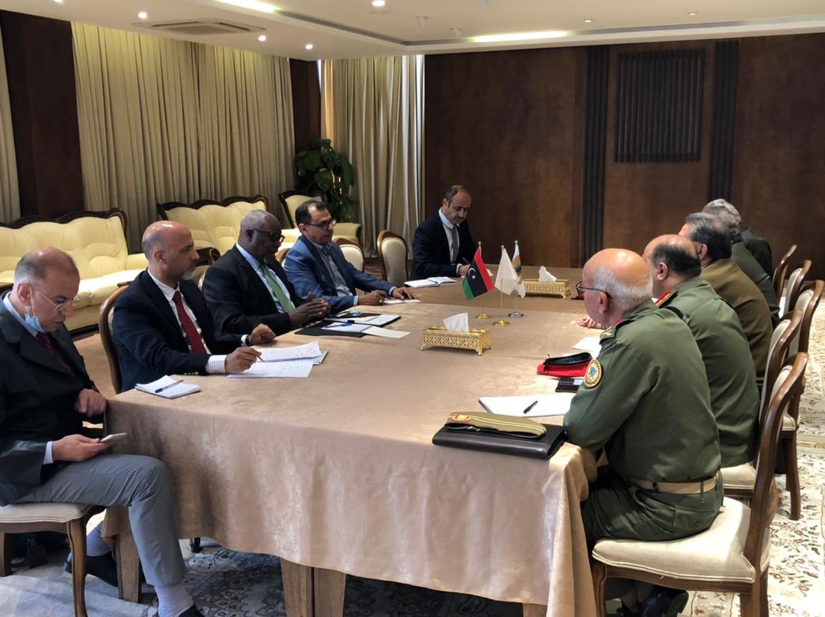 The UNSMIL delegation holds a meeting with east-based members of the 5+5 Joint Military Commission in Benghazi, Libya, Wednesday, April 13, 2022. (Twitter Photo @UNSMILibya)