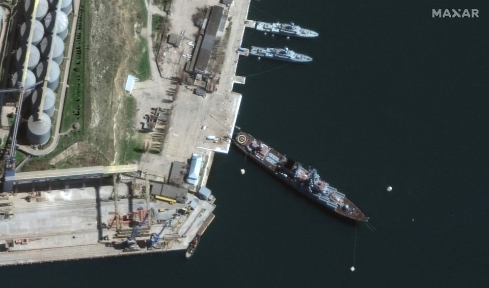 A satellite image shows a view of Russian Navy&#039;s guided missile cruiser Moskva at port, Sevastopol, Crimea, April 7, 2022. (Reuters Photo)