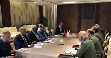 The UNSMIL delegation holds a meeting with east-based members of the 5+5 Joint Military Commission in Benghazi, Libya, Wednesday, April 13, 2022. (Twitter Photo @UNSMILibya)