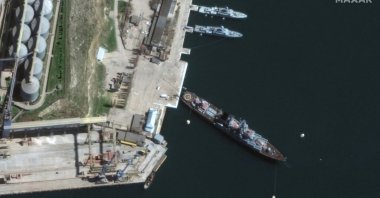 A satellite image shows a view of Russian Navy&#039;s guided missile cruiser Moskva at port, Sevastopol, Crimea, April 7, 2022. (Reuters Photo)