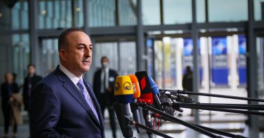 Foreign Minister Mevlüt Çavuşoğlu is seen in the NATO headquarters in Brussels, Belgium, April 4, 2022 (AA Photo) 