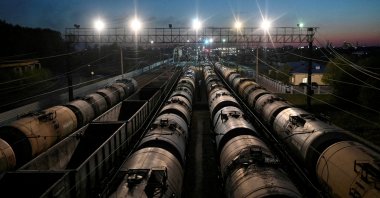 View shows railroad freight cars, including oil tanks, in Omsk, Russia May 1, 2020. (Reuters Photo)
